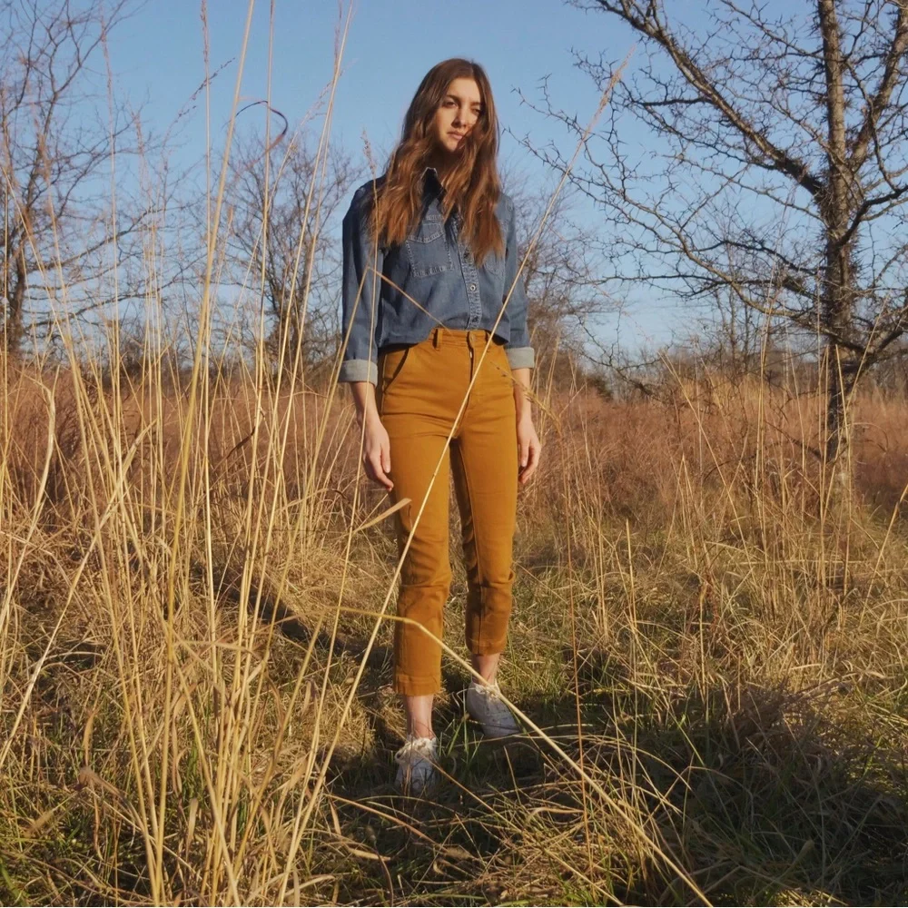 SOLD | Embroidered Everlane Slim Leg Crop | Size 00 | Brass/Mustard Brown - Picture 7 of 9